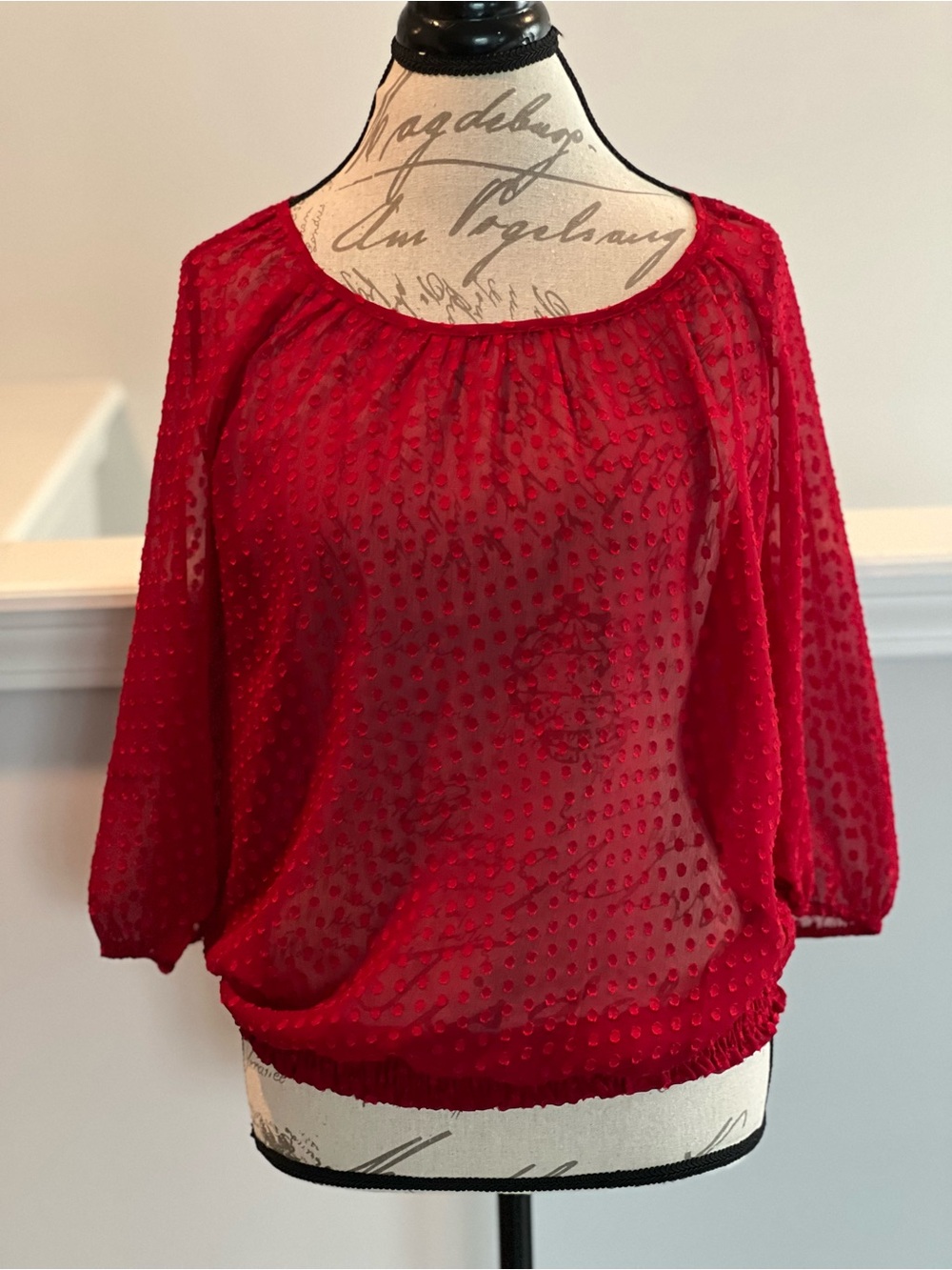 LOFT Red Sheer Swiss Dot Blouse 3/4 Sleeve Small